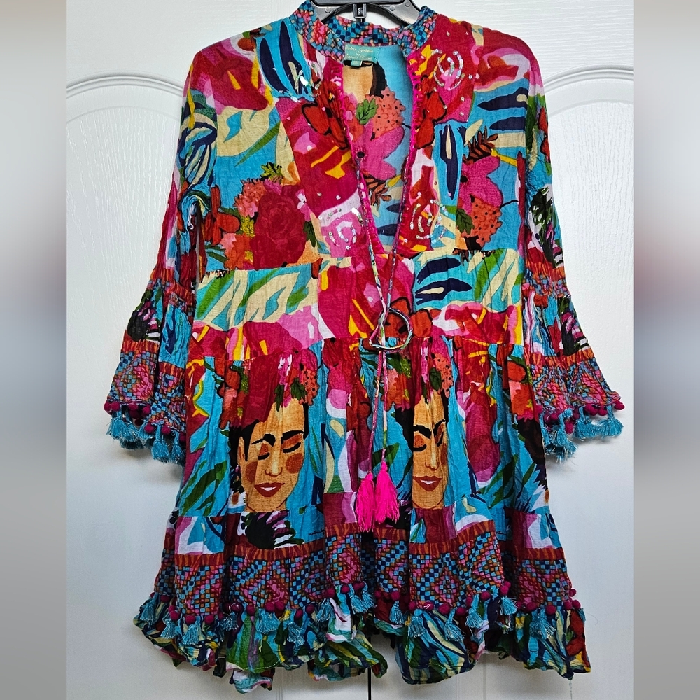 Antica Sartoria Frida Kahlo Dress Shirt Flowers Colorful 100% Cotton One Size
